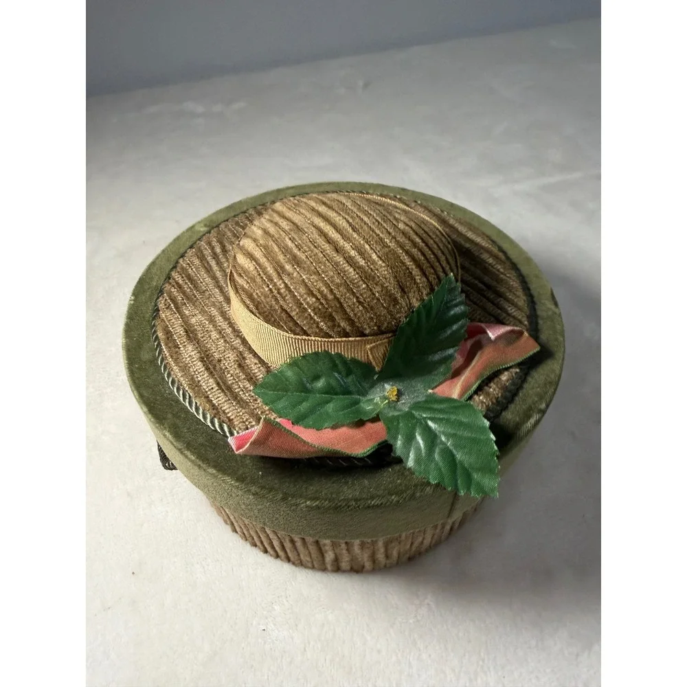 Vintage Style Hat Shaped Trinket Box Green Velvet Corduroy Jewelry Storage Case